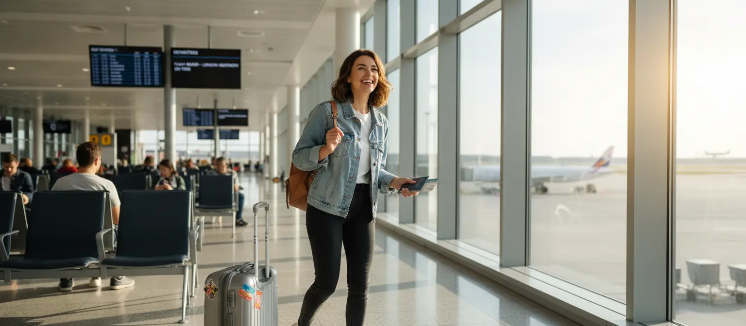 Persona feliz en el aeropuerto
